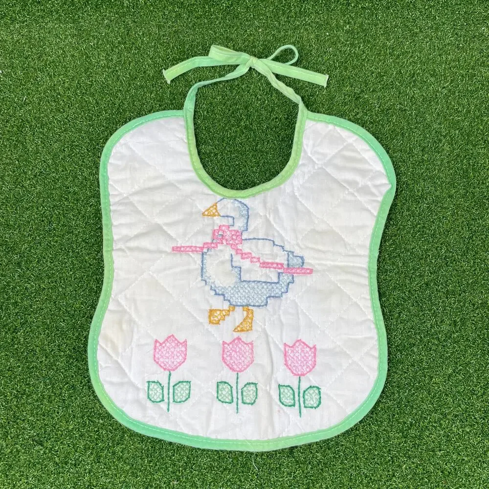 Vintage Hand Embroidered Needle Point Baby Bib Goose Retro Folk Infant Bib